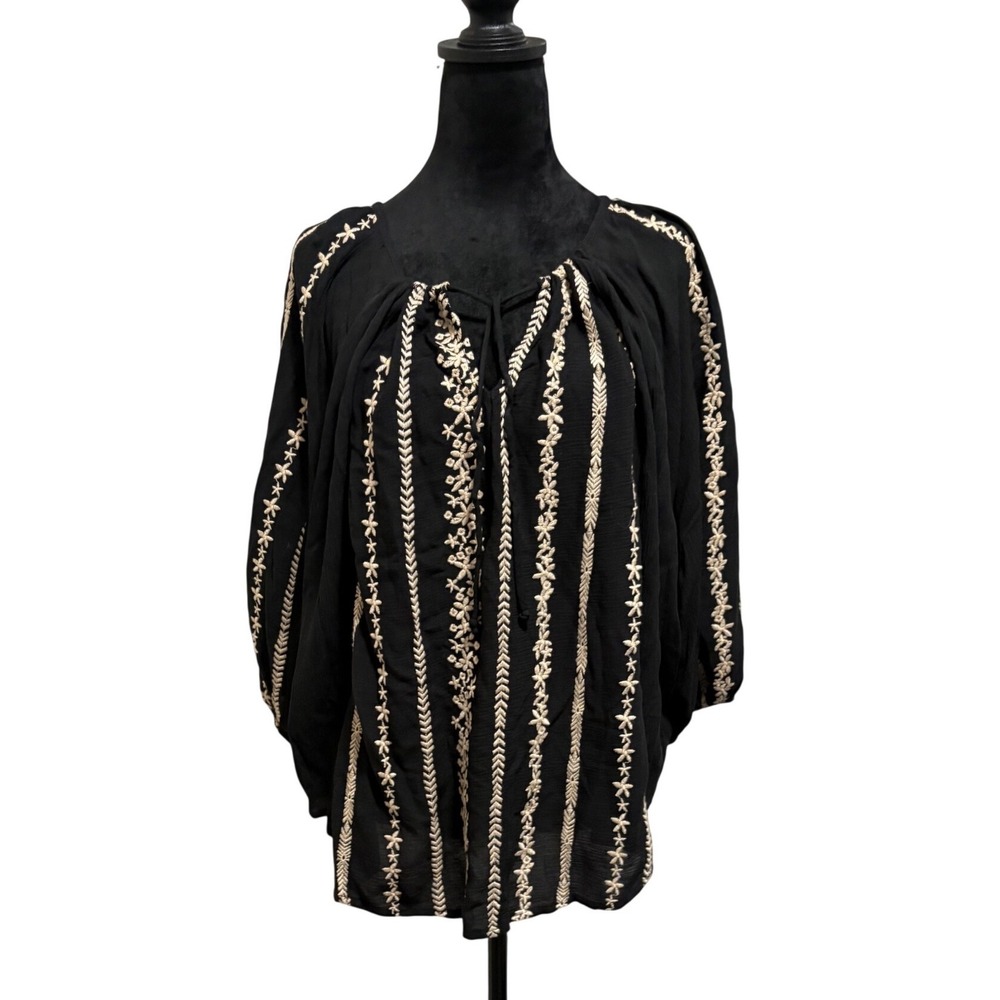 By Together Embroidered Blouse Womens S/M Black Excellent‎ Boho Peasant RJ2178